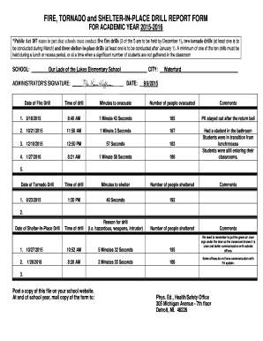 Fire, Tornado and Shelter-in-Place Drill Report Form