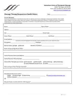 Massage Therapy Acupuncture Health History Form