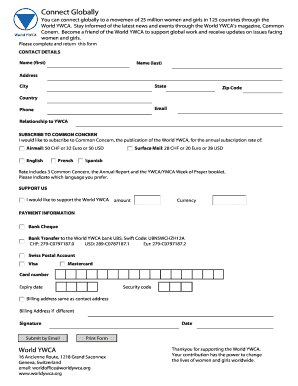 World YWCA Support and Subscription Form