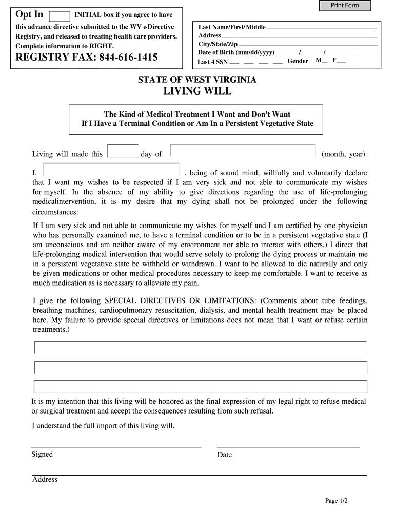 Fillable Online STATE OF WEST VIRGINIA LIVING WILL