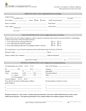 School Entrance Physical Exam & Immunization Certification