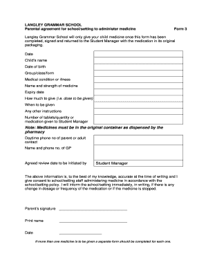 Parental Agreement for School to Administer Medicine