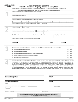 Arizona Form 600C Claim for Unclaimed Property