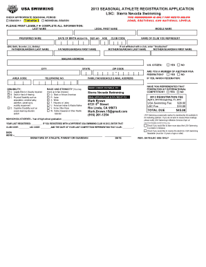 USA Swimming 2013 Seasonal Athlete Registration Application