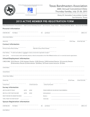 Texas Bandmasters Association Pre-Registration Form
