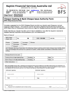 BFS Cheque Cashing Authority Form