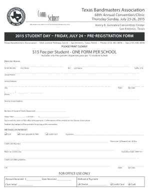 Texas Bandmasters Association Student Day Pre-Registration Form