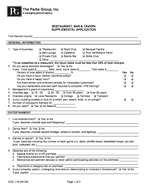 Restaurant Bar Tavern Supplemental Application