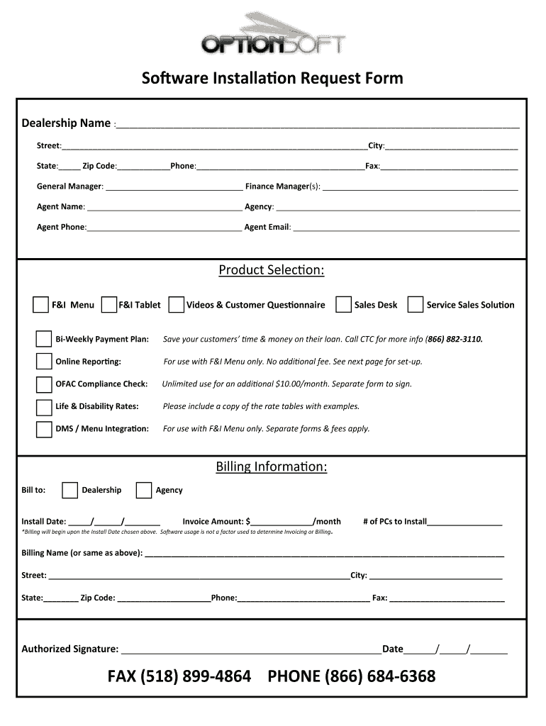 Fillable Online Software Installation Request Form - FI Menu - Fax ...