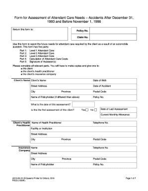 Form for Assessment of Attendant Care Needs
