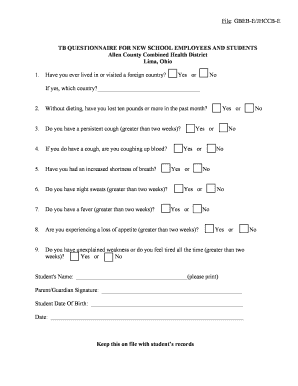 TB Questionnaire for New School Employees and Students