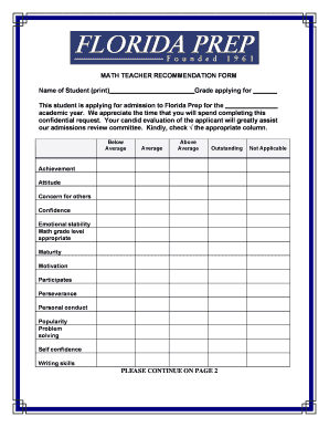 Math Teacher Recommendation Form