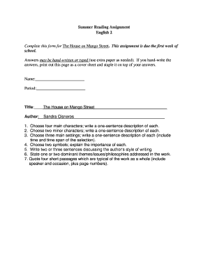 Summer Reading Assignment Form