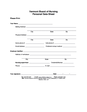 Vermont Board of Nursing Personal Data Sheet