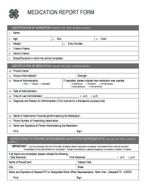 Medication Report Form for Horses
