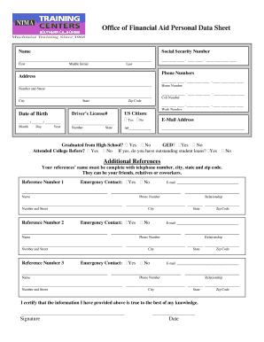 Office of Financial Aid Personal Data Sheet