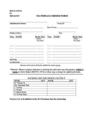 Materials Order Form for Mentors