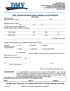 Nevada Lost Stolen Mutilated License Plate Affidavit