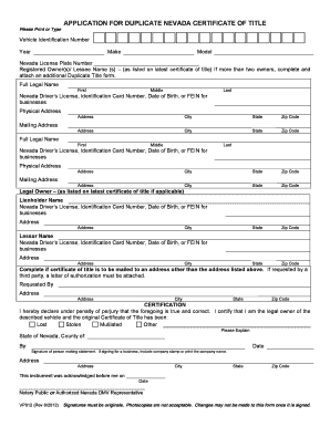 Nevada Duplicate Certificate of Title Application