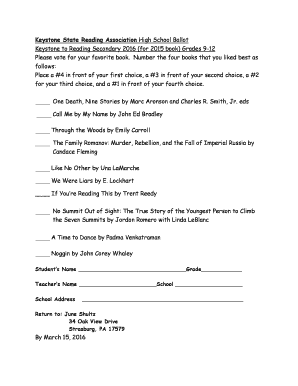 Keystone State Reading Association High School Ballot