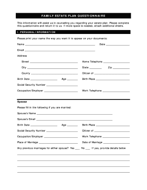 Family Estate Plan Questionnaire