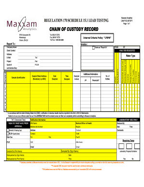 Regulation 170 Schedule 15.1 Lead Testing Chain of Custody Record