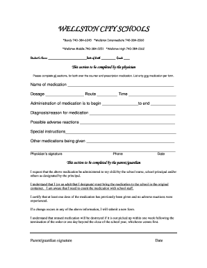 Wellston Schools Medication Authorization Form
