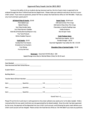 School Party Snack Order Form