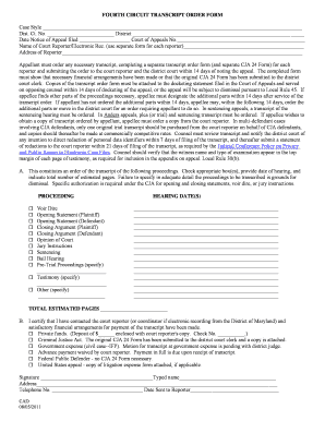 Fourth Circuit Transcript Order Form
