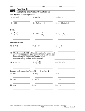 Algebra 1 Practice B Worksheet