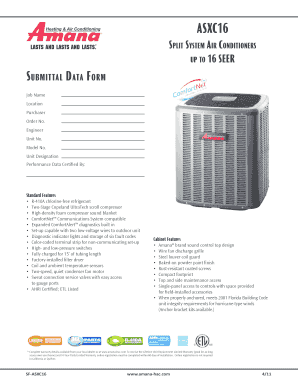 Amana ASXC16 Split System Air Conditioner Submittal Data Form