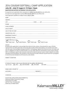 2014 COUGAR SOFTBALL CAMP APPLICATION July 28 July 31 (ages 611) 9am12pm REGISTRATION FEE MUST ACCOMPANY THIS APPLICATION