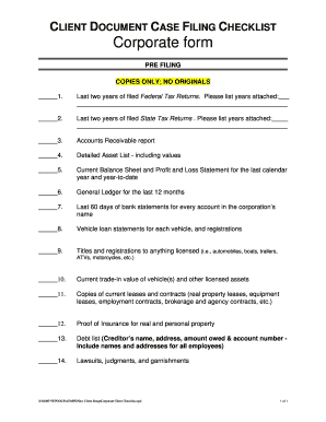 Corporate documentation - CLIENT DOCUMENT CASE FILING HECKLIST Corporate form