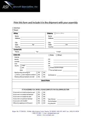 Brake Wheel Repair Order Form