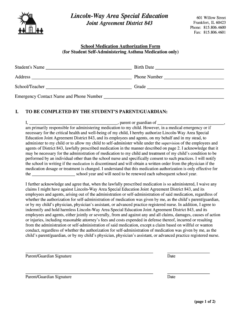Fillable Online lwase843 Medication Authorization Student Self