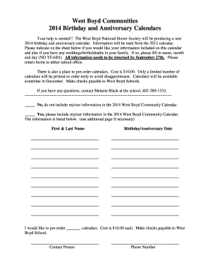West Boyd Communities 2014 Birthday and Anniversary Calendars