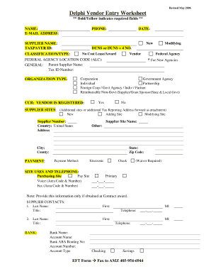 Delphi Vendor Entry Worksheet