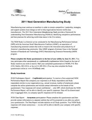 2011 Next Generation Manufacturing Study Questionnaire