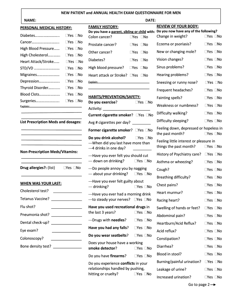 Fillable Online NEW PATIENT and ANNUAL HEALTH EXAM QUESTIONNAIRE FOR MEN Fax Email Print pdfFiller