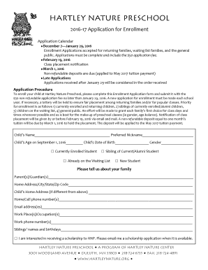 2016-17 Application for Enrollment - Hartley Nature Center - hartleynature