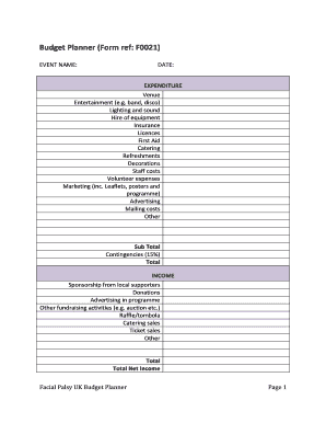 Budget Planner Form ref F0021 - Facial Palsy bUKb - facialpalsy org