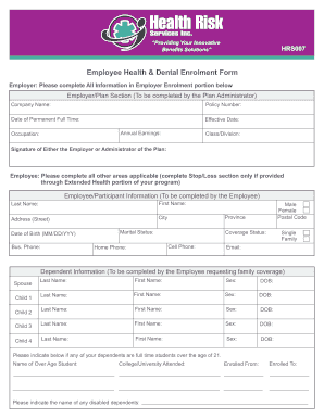 Fillable Online healthrisk Employee Health &amp; Dental Enrolment Form ...