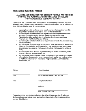 Reasonable Suspicion Testing Authorization Form - ScreenSafe, Inc.