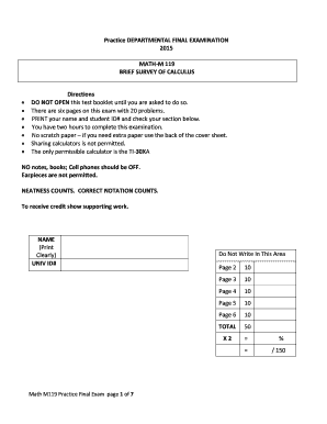 Practice DEPARTMENTAL FINAL EXAMINATION 2015 MATH-M 119 - science iupui