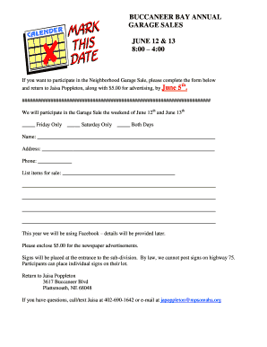 Fillable Online Buccaneerbay Ne Buccaneer Bay Annual Garage Sales