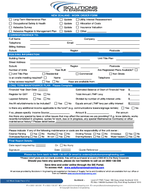 NEW ZEALAND - WORK ORDER FORM CORRESPONDENCE TO BUILDING