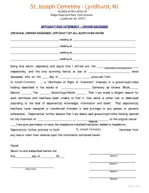 AFFIDAVIT FOR INTERMENT OWNER DECEASED