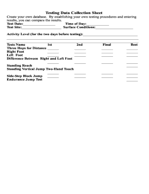 Fillable Online Testing Data Collection Sheet - Performance Condition ...