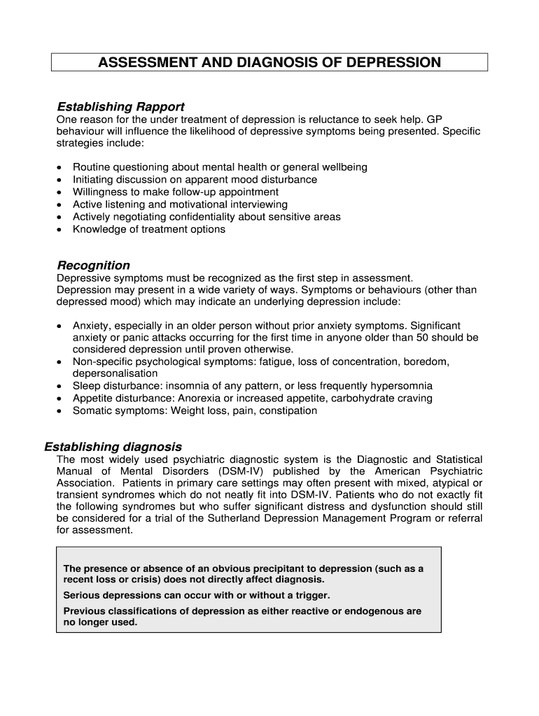 Fillable Online ASSESSMENT AND DIAGNOSIS OF DEPRESSION Fax Email Print ...