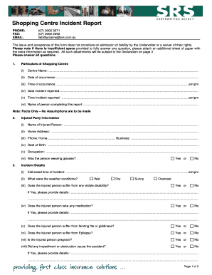 Fillable Online Shopping Centre Incident Form V1008-1 - BBA Insurance ...